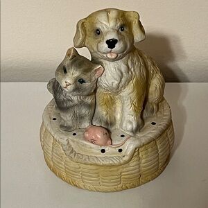 Vintage Charming Dog and Cat Figurine Sitting in a basket with mouse peeling out